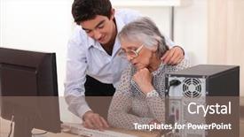  Presentation with computer - Beautiful PPT layouts featuring patient teaching - young man showing grandmother computer backdrop and a coral colored foreground