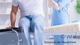  Presentation with rehabilitation - Amazing PPT theme having invalid chair wheelchair crutches - patient undergoing rehabilitation recovery programme backdrop and a light blue colored foreground