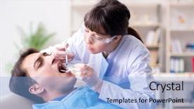  Presentation with patient check up tecnology - Slide deck having patient visiting dentist for regular background and a light blue colored foreground