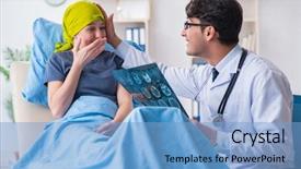  Presentation with cancer - Slide deck consisting of patient visiting doctor for medical background and a light blue colored foreground