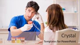  Presentation with urine - Presentation theme with patient visiting doctor for urine background and a coral colored foreground