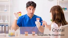  Presentation with urine - Presentation design with patient visiting doctor for urine background and a coral colored foreground