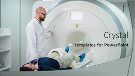  Presentation with mri - Slide set with patient visiting mri procedure in a hospital background and a light gray colored foreground