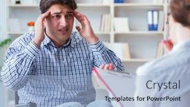  Presentation with trauma - Presentation featuring post traumatic stress - patient visiting psychotherapist to deal background and a light blue colored foreground