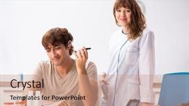  Presentation with patient and doctor - Slide set having patient with hearing problem visiting background and a  colored foreground