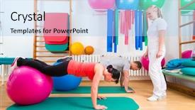  Presentation with physical exercises - Slide set having patients at the physiotherapy doing physical exercises with therapist background and a light blue colored foreground