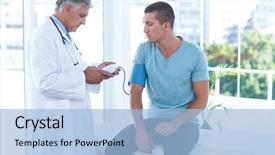  Presentation with concept high blood pressure used tablets - Beautiful PPT theme featuring patients blood pressure in medical backdrop and a light blue colored foreground