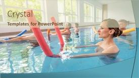  Presentation with patients - Presentation theme featuring patients during remobilization in a health center doing aquarobics in the water of a pool background and a cream colored foreground
