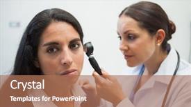  Presentation with patients - Presentation theme featuring patients ear being checked by doctor using otoscope in hospital background and a coral colored foreground