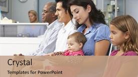  Presentation with waiting room - Amazing PPT theme having patients in doctors waiting room backdrop and a coral colored foreground