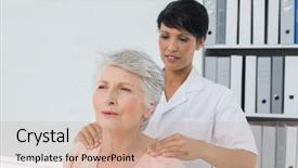 Presentation with chiropractor - Cool new slide deck with patients massage - female chiropractor massaging a senior backdrop and a coral colored foreground