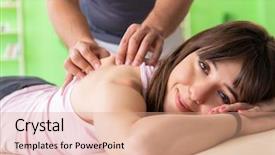  Presentation with chiropractor - Presentation design having patients massage - young doctor chiropractor massaging patient background and a coral colored foreground