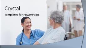  Presentation with healthcare workers - Colorful slide set enhanced with patients mobility - nurse looking at a patient backdrop and a sky blue colored foreground