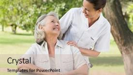  Presentation with mature students sitting at desks - Presentation consisting of patients mobility - portrait of a woman background and a soft green colored foreground
