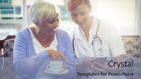  Presentation with selfie - Colorful slide deck enhanced with patients mobility - smiling doctor and patient taking backdrop and a light blue colored foreground