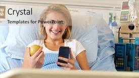  Presentation with female hospital patient - Beautiful theme featuring patients mobility - teenage female patient using mobile backdrop and a soft green colored foreground