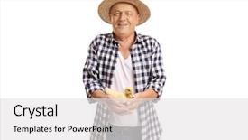  Presentation with elderly holding pills - Presentation theme enhanced with patinhas - elderly farmer holding a small background and a white colored foreground