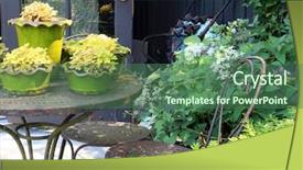  Presentation with springtime - Cool new PPT layouts with patio furniture and potted perennial backdrop and a ocean colored foreground