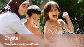  Presentation with kids playing - Audience pleasing presentation theme consisting of patio musulman - happy kids playing and splashing backdrop and a coral colored foreground