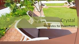  Presentation with luxury hotel - Audience pleasing presentation consisting of patio with chaise lounges near luxury hotel backdrop and a yellow colored foreground