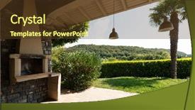  Presentation with villa - Audience pleasing theme consisting of patio with fireplace of a modern villa surrounded by green nature backdrop and a tawny brown colored foreground