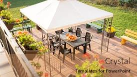  Presentation with furniture recliners - Presentation design with patio-with-garden-furniture background and a coral colored foreground