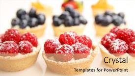  Presentation with fresh fruits salad on white - PPT theme enhanced with patisserie - assortment of fruity tarts background and a lemonade colored foreground