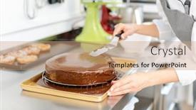  Presentation with patissier - Presentation design consisting of patissier pouring liquid chocolate on a cake in her workshop background and a coral colored foreground