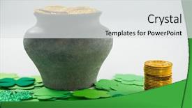  Presentation with white gold - Cool new PPT theme with patricks day shamrock and pot backdrop and a light gray colored foreground
