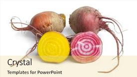  Presentation with yellow - Slide set consisting of patrimoin - fresh raw chioggia beets background and a yellow colored foreground