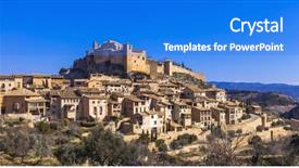  Presentation with medieval artsa - Beautiful PPT theme featuring patrimony - alquezar - beautiful medieval village backdrop and a cobalt blue colored foreground