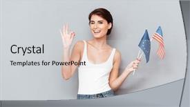  Presentation with patriotic usa - Cool new theme with patriotic happy woman holding european and usa flags and showing okay gesture over gray background backdrop and a light gray colored foreground