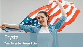  Presentation with happy holiday - Colorful slide set enhanced with patriotic-holiday-happy-young-woman backdrop and a seafoam green colored foreground