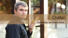  Presentation with building security - Colorful presentation theme enhanced with male security guard near building backdrop and a coral colored foreground