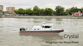  Presentation with boat river - Presentation theme with patrol boat on river background and a light gray colored foreground
