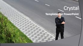  Presentation with security guard - Presentation design consisting of patrol service road - male security guard outdoors background and a  colored foreground