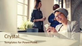  Presentation with pause - Audience pleasing PPT layouts consisting of pause - cheerful businesswoman on break backdrop and a  colored foreground