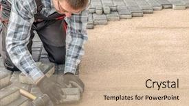  Presentation with concrete pavement - PPT theme with paver laying driveway pavement background and a soft green colored foreground