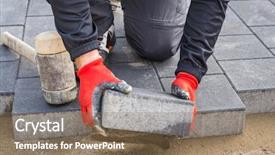  Presentation with hands and word volunteer - Presentation theme consisting of pavers - hands of worker installing concrete background and a violet colored foreground