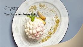  Presentation with course - Presentation design featuring pavlova-dessert-course-served background and a light gray colored foreground