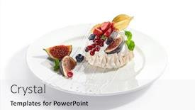  Presentation with passion fruit - Colorful slide set enhanced with pavlova-dessert-in-white-plate backdrop and a light gray colored foreground
