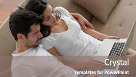  Presentation with young happy couple - Cool new slides with pay day - happy young relaxed couple working backdrop and a gray colored foreground