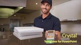  Presentation with pizza delivery - Presentation design with pay machines - cheerful pizza delivery man holding background and a tawny brown colored foreground