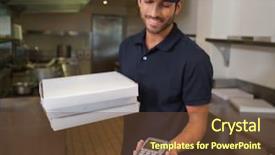  Presentation with pizza delivery - Slide set enhanced with pay machines - happy pizza delivery man holding background and a tawny brown colored foreground