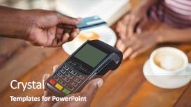  Presentation with credit card - Beautiful theme featuring pay machines - waiter holding credit card machine backdrop and a tawny brown colored foreground