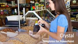  Presentation with supermarket shopping cart buying food - Presentation theme with pay money - woman is buying in food-shop background and a coral colored foreground