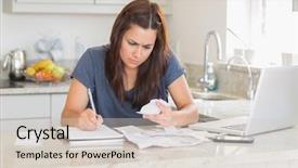  Presentation with kitchen fires - Beautiful slides featuring paying attention - brunette woman calculating bills backdrop and a  colored foreground
