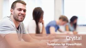  Presentation with classroom - Presentation theme featuring paying attention - smiling young man sitting background and a coral colored foreground