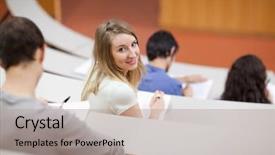  Presentation with amphitheater - Audience pleasing PPT theme consisting of paying attention - young student being distracted backdrop and a coral colored foreground