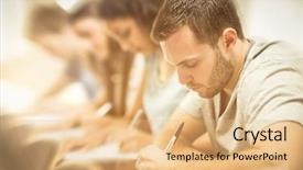  Presentation with amphitheater - Cool new PPT theme with paying college - serious students sitting backdrop and a coral colored foreground